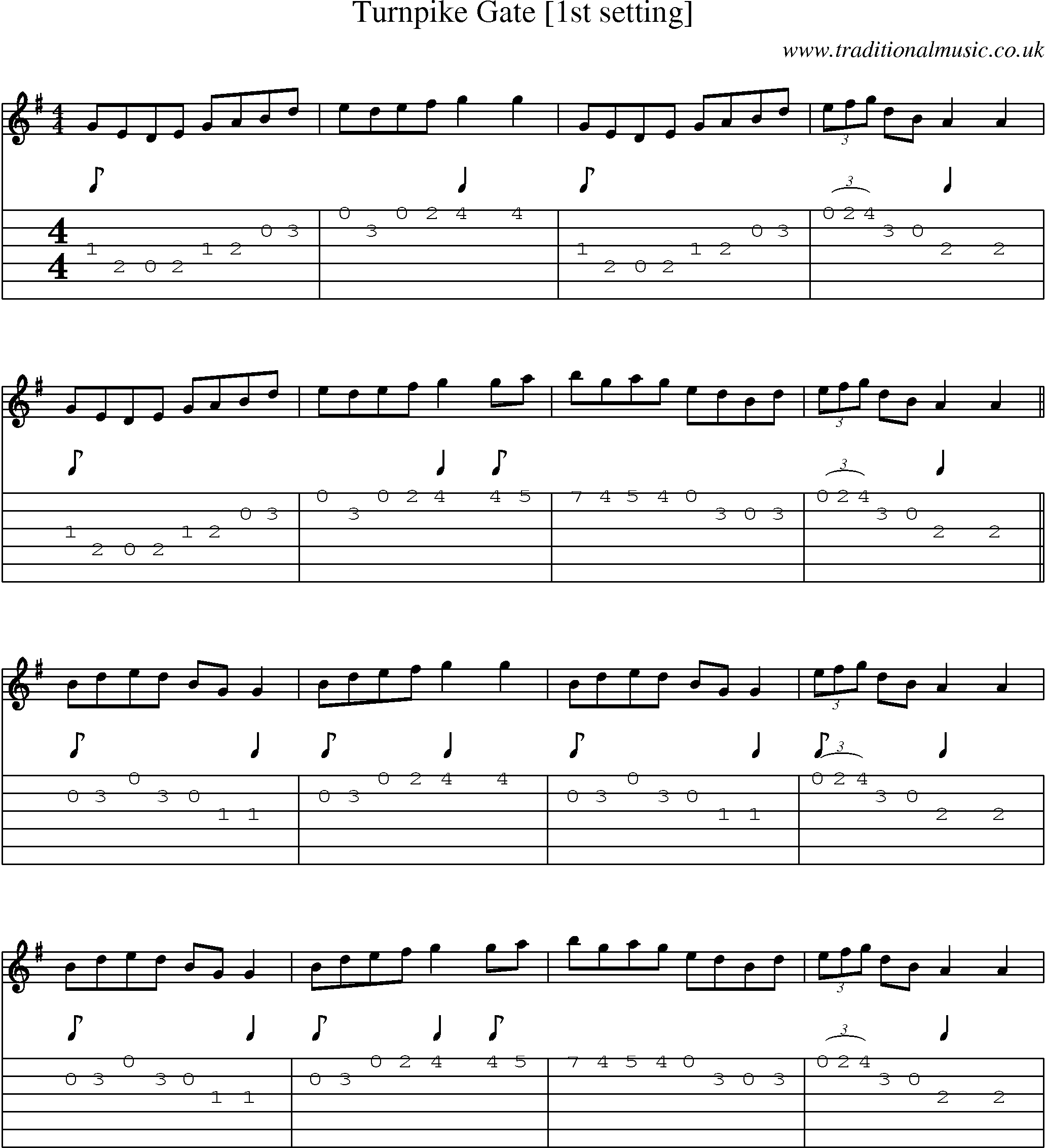 Music Score and Guitar Tabs for Turnpike Gate [1st Setting]